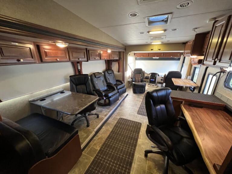 motor coach interior with seats and furnitures